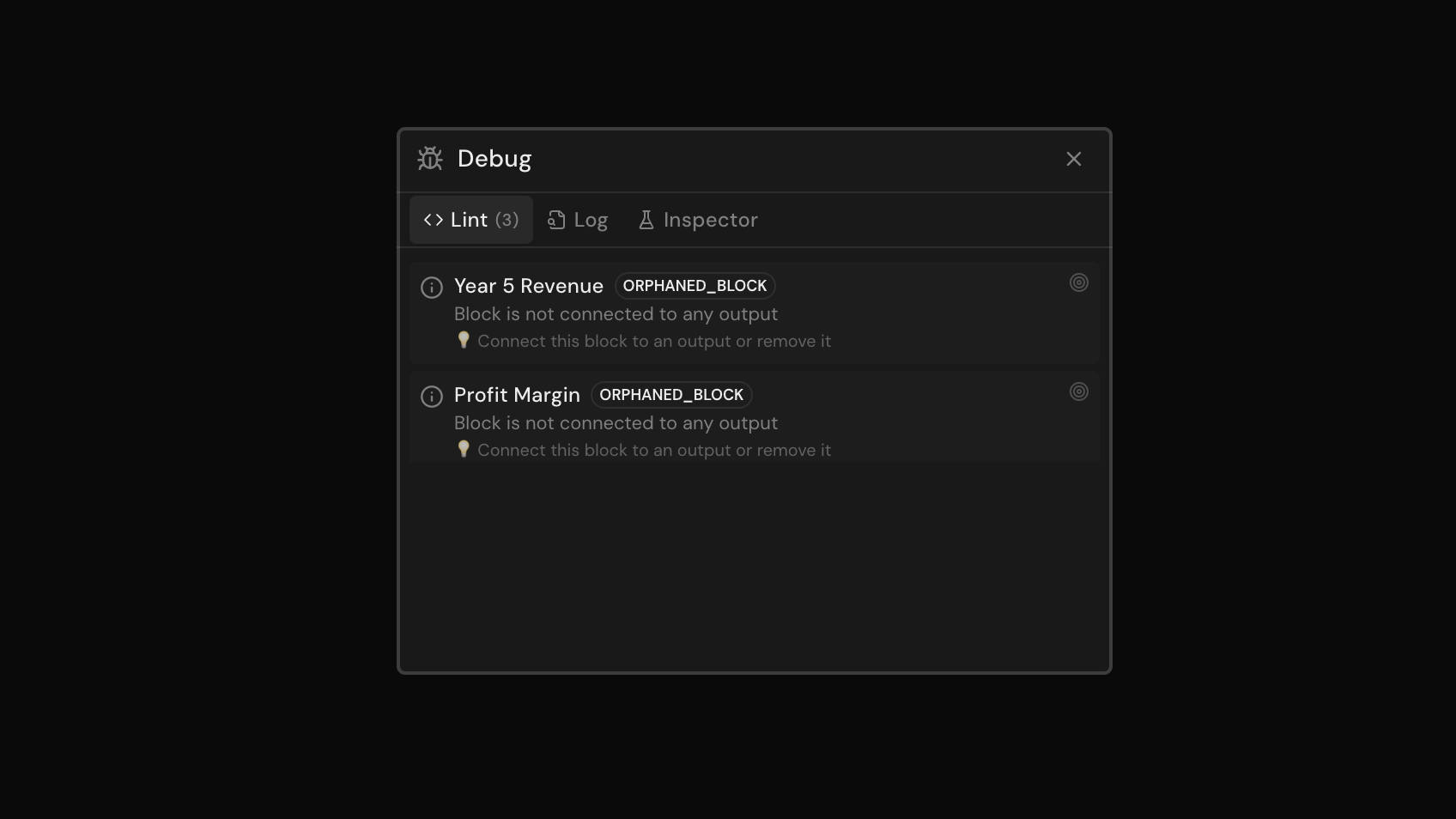 Debug panel showing validation warnings