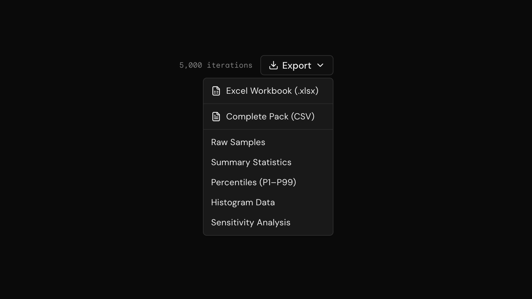 Export menu with Excel and CSV options